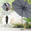 A grey patio umbrella is shown in a garden setting with plants and a patio floor. Text overlays describe its features. Produktbild-Vorschau