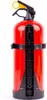 A red fire extinguisher with a black mounting bracket, isolated on a white background. Produktbild-Vorschau