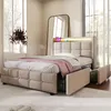 A bedroom scene featuring a beige upholstered bed with LED lighting and storage drawers. Produktbild-Vorschau