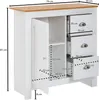 A diagram showing the dimensions of a white and wood sideboard. Podgląd zdjęcia produktu