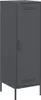A dark gray metal highboard with a single door and ventilation holes at the top and bottom, standing on four thin legs. Podgląd zdjęcia produktu