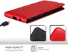 A red flip case for a mobile phone, shown from an angle with a charging cable and close-up views of the material. Náhled obrázku produktu