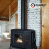 A black cast iron fireplace with a chimney pipe is shown in a room with wooden beams and white brick walls. Podgląd zdjęcia produktu