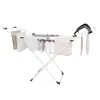 A white drying rack with clothes hanging on it, set against a white background. Produktbild-Vorschau