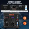 A close-up marketing image of a VEVOR voltage transformer, highlighting its security features and output ports. Produktbild-Vorschau