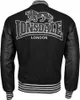 The back of a black Lonsdale college jacket with white lettering and a lion graphic. Produktbild-Vorschau