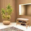 A shoe rack with a bench and shoes on it, next to a potted plant and a mirror on a wall. Produktbild-Vorschau