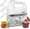A white hand mixer with accessories and pastries, presented in a promotional collage. Produktbild-Vorschau