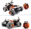 Two images of a LEGO Technic space transport vehicle, one from a slightly elevated angle and another from a side angle, with a separate accessory shown next to each vehicle. Produktbild-Vorschau