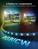 Two televisions displaying a soccer game, with an LED light strip running along the bottom and reflecting on the floor. The text 'RGBICW' is displayed prominently in the foreground. Produktbild-Vorschau