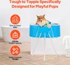 A portable dog bathtub with a dog inside, surrounded by text and icons highlighting its features. Produktbild-Vorschau