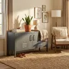A living room scene with a gray metal cabinet, a chair, and decor. Produktbild-Vorschau
