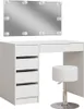 A white vanity table with a mirror and a stool, set against a white background. Produktbild-Vorschau