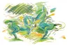 An artistic illustration of three green horses in motion, with green and yellow scribbled background elements suggesting a natural environment. Anteprima dell’immagine prodotto
