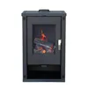 A black freestanding fireplace with a glass door showing a simulated fire with logs. Produktbild-Vorschau