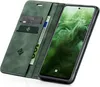 A green flip case for a smartphone is shown open, displaying the phone's screen and the inside of the case with card slots and a banknote. Produktbild-Vorschau