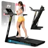 A woman is running on a treadmill, with another treadmill shown folded in the background. Produktbild-Vorschau
