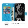 A blue flip phone case with card slots and a bill compartment, shown open with a phone inside. Text below describes its storage features. Produktbild-Vorschau