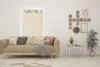 A living room scene with a sofa, window blinds, and decorative wall art. Produktbild-Vorschau