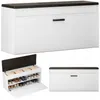 A collage of three images showing a white shoe cabinet with a dark top, displaying its closed and open states, and a close-up of its interior with shoes. Podgląd zdjęcia produktu