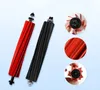 Two vacuum cleaner brush rolls, one red and one black, are shown diagonally. Three circular close-up images of the brush roll components are displayed to the right. Náhled obrázku produktu