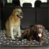 Two dogs, a yellow Labrador and a chocolate Labrador, are lying on a dog bed in the back of a car. Produktbild-Vorschau