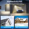 Collage showing a solar lamp in different outdoor environments: a garage at night, a house roof in sunlight, and a house covered in snow. Produktbild-Vorschau