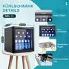 A collage of images showcasing the features and dimensions of a mini beverage cooler. Produktbild-Vorschau