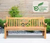 A teak garden bench is shown in front of a wooden fence and greenery, with a certification logo in the upper right corner. Anteprima dell’immagine prodotto