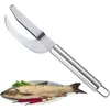 A fish scaler tool is shown above a plate with a raw fish, chili peppers, garlic, and green onions. Náhled obrázku produktu