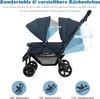 A double stroller with adjustable backrests shown with diagrams illustrating different reclining angles. Podgląd zdjęcia produktu