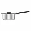 A stainless steel saucepan with a black lid and handle is shown against a white background. Voir les images du produit