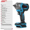 A cordless impact wrench with a specification list next to it. Voir les images du produit
