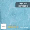 A close-up of a light blue fabric with a white leaf pattern, featuring marketing text overlays. Produktbild-Vorschau