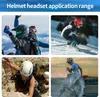 Collage of four images showing people using helmets in different outdoor activities: skiing, climbing, and motocross. The top text indicates "Helmet headset application range." Náhled obrázku produktu