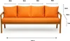 A front view of an orange sofa cushion set on a wooden sofa frame, with dimensions indicated by measurement lines and text. Produktbild-Vorschau