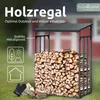 A metal firewood rack filled with logs, set in an outdoor grassy area with a house in the background. Icons indicating outdoor and indoor use are visible. Produktbild-Vorschau