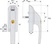 Technical drawing of a lockable alarm window handle with dimensions. Produktbild-Vorschau