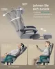 A gaming chair is shown in different reclining positions and with a footrest extended. Two smaller images show people using the chair for relaxing and working. Produktbild-Vorschau