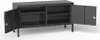 A black metal TV cabinet with two doors open, revealing shelves inside. The cabinet is on a white background. Produktbild-Vorschau