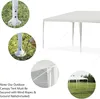 Collage of images showing details of a white party tent, including its base, securing mechanism, and a wider view of the tent in a grassy outdoor setting. Náhled obrázku produktu