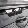 A close-up view of a dark gray plastic storage box with a silver padlock securing the latch. Podgląd zdjęcia produktu