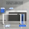 A white electric standing desk frame with measurement indicators and a wireframe cat illustration on a light gray and white background. Produktbild-Vorschau