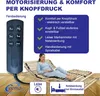 A woman is lying on an adjustable bed frame, using a remote control. The image highlights the motorization and comfort features of the bed frame. Produktbild-Vorschau