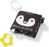 A black and white fabric book for babies with a penguin design and a yellow teething ring. Produktbild-Vorschau