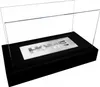 A freestanding bio-fireplace with a black base and glass panels, featuring the word "HOME" cut out of a silver plate. Produktbild-Vorschau