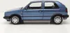 A side view of a blue metallic Volkswagen Golf 2 model car on a white background. Produktbild-Vorschau