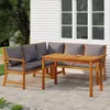 An outdoor patio setting with a wooden garden furniture set. Produktbild-Vorschau