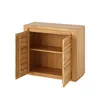 A wooden cabinet with two doors open, revealing shelves inside. Produktbild-Vorschau