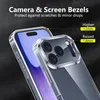 Close-up of a clear phone case on a dark background, highlighting the raised bezels around the camera and screen. Voir les images du produit